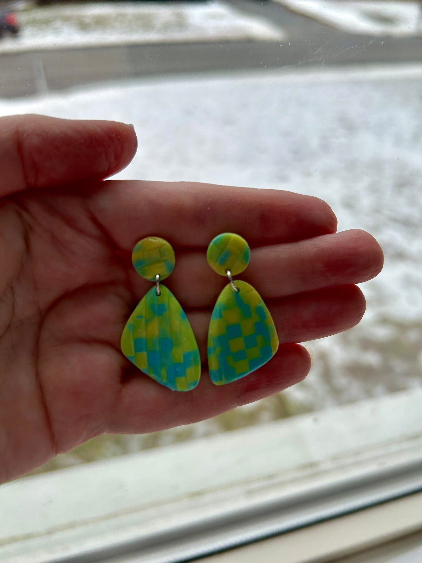 Neon Green and Blue Checkerboard Stud Dangle
