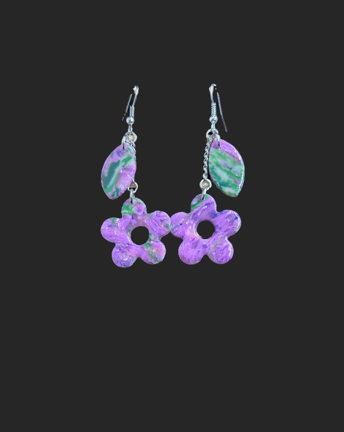 Purple Daisy Chain Dangle Earrings with Leaf