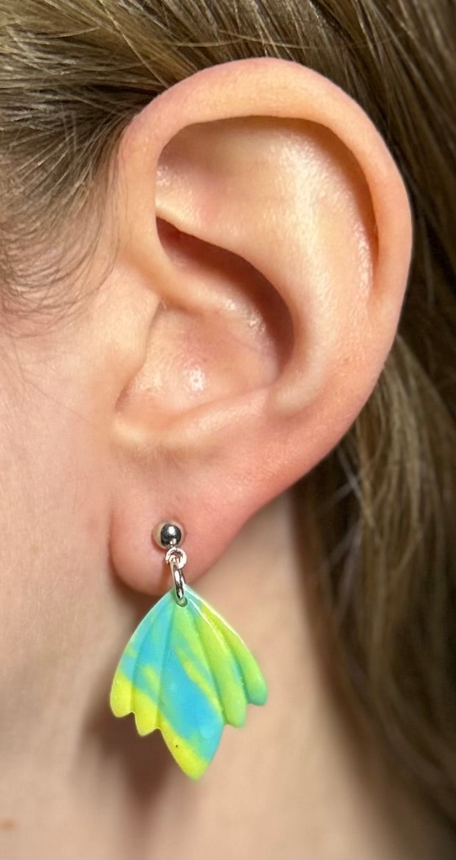 Neon Green and Blue Wide Dangle Earrings