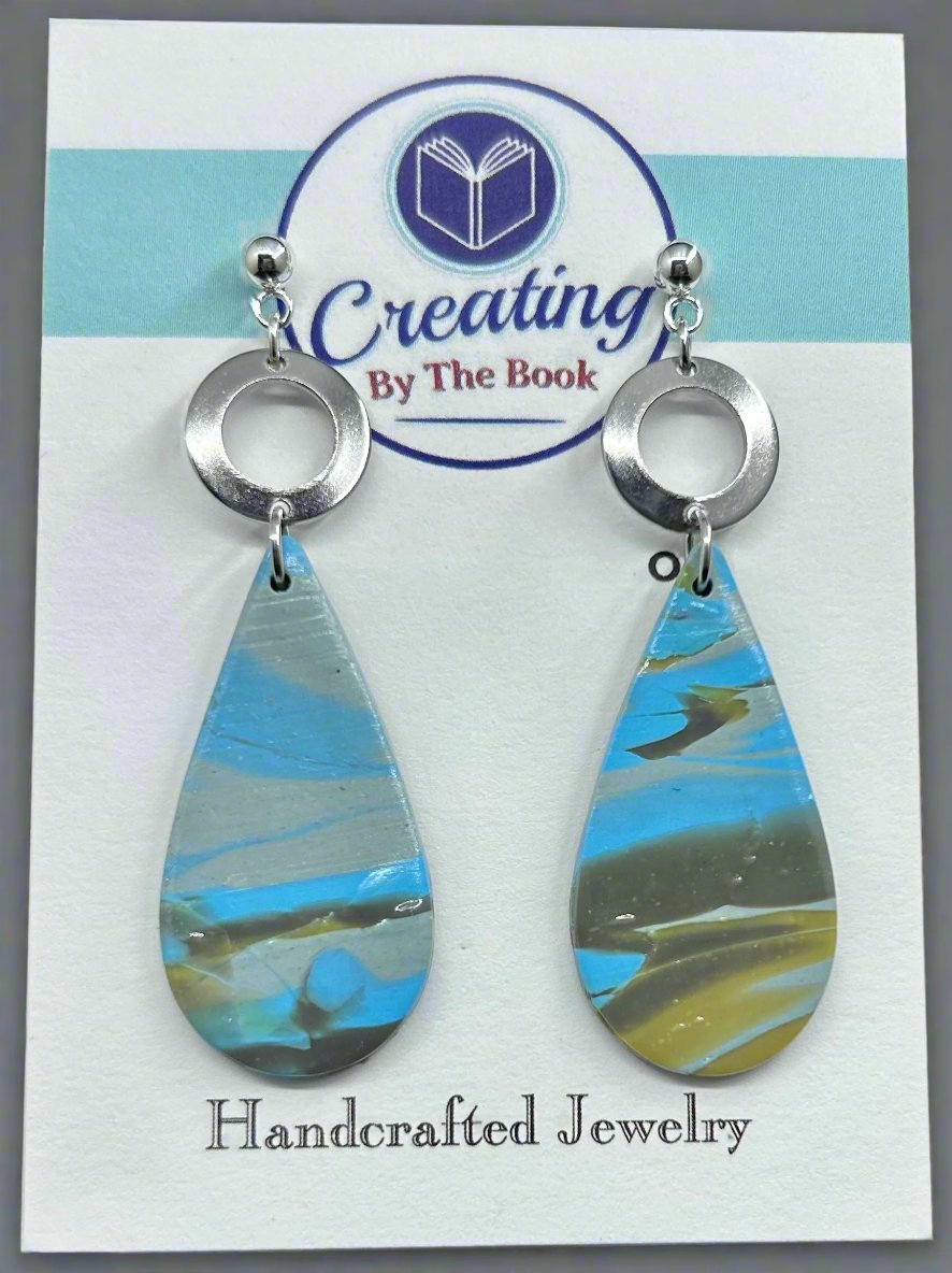 Blue Mokume Metal Circle Teardrop Earrings