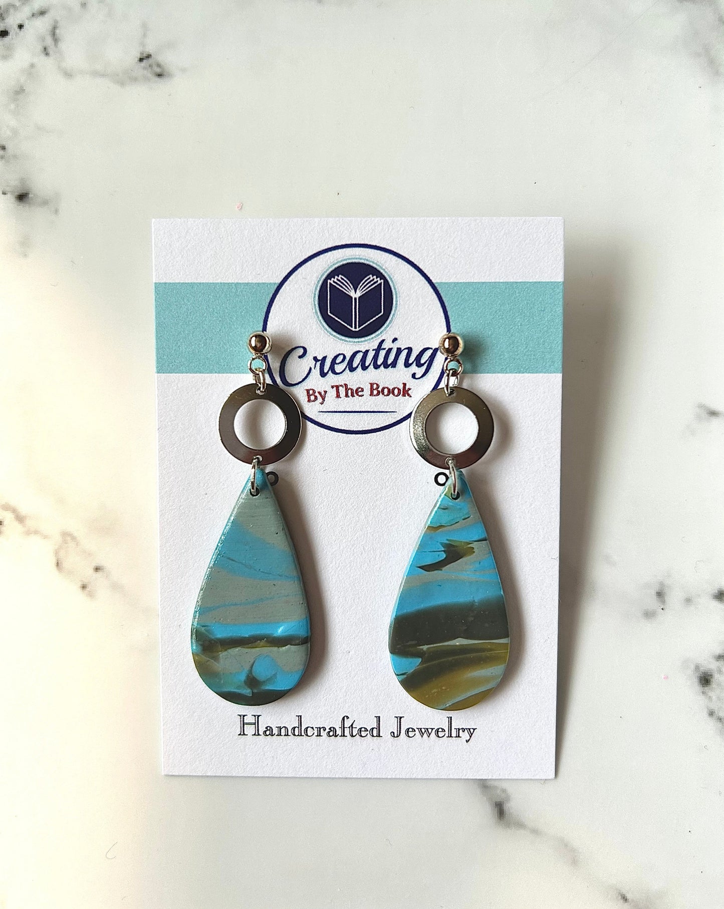 Blue Mokume Metal Circle Teardrop Earrings