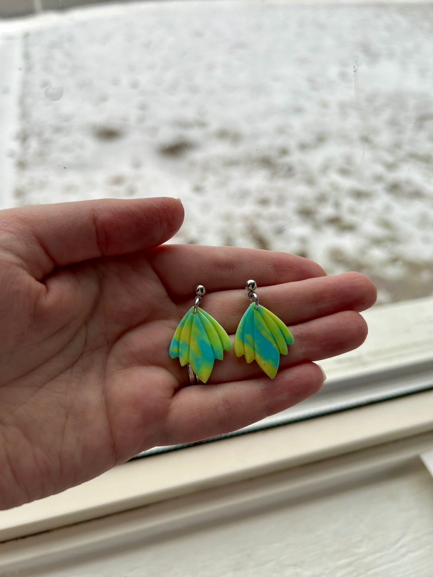 Neon Green and Blue Wide Dangle Earrings