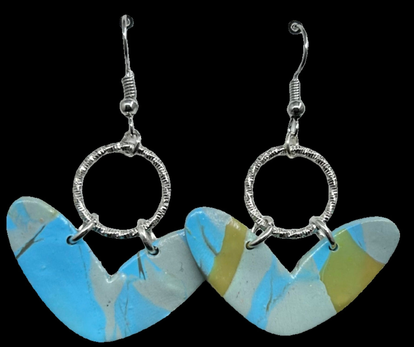Blue Mokume Petal Circle Dangle Earrings