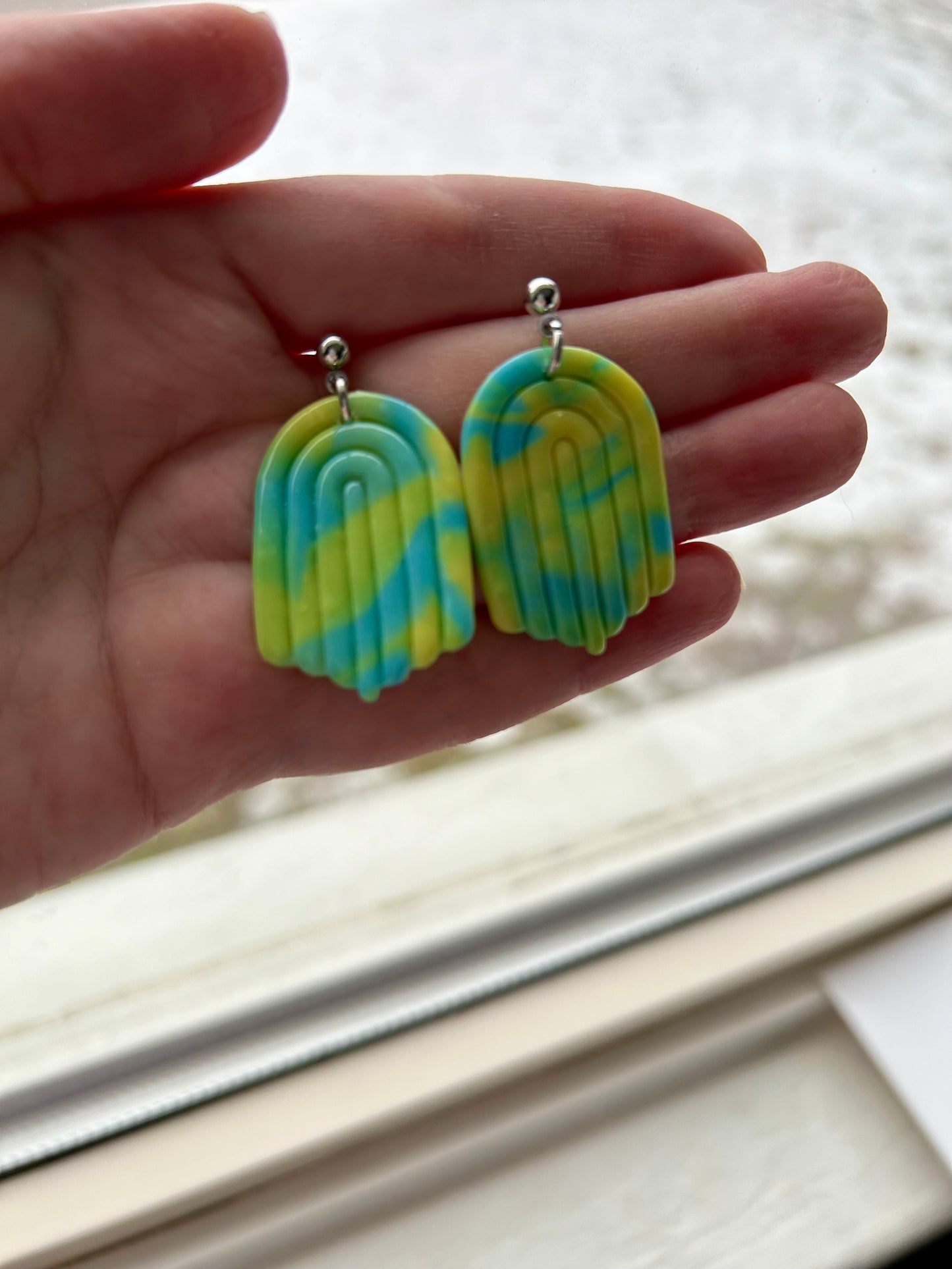 Neon Green and Blue Layered Archway Earrings