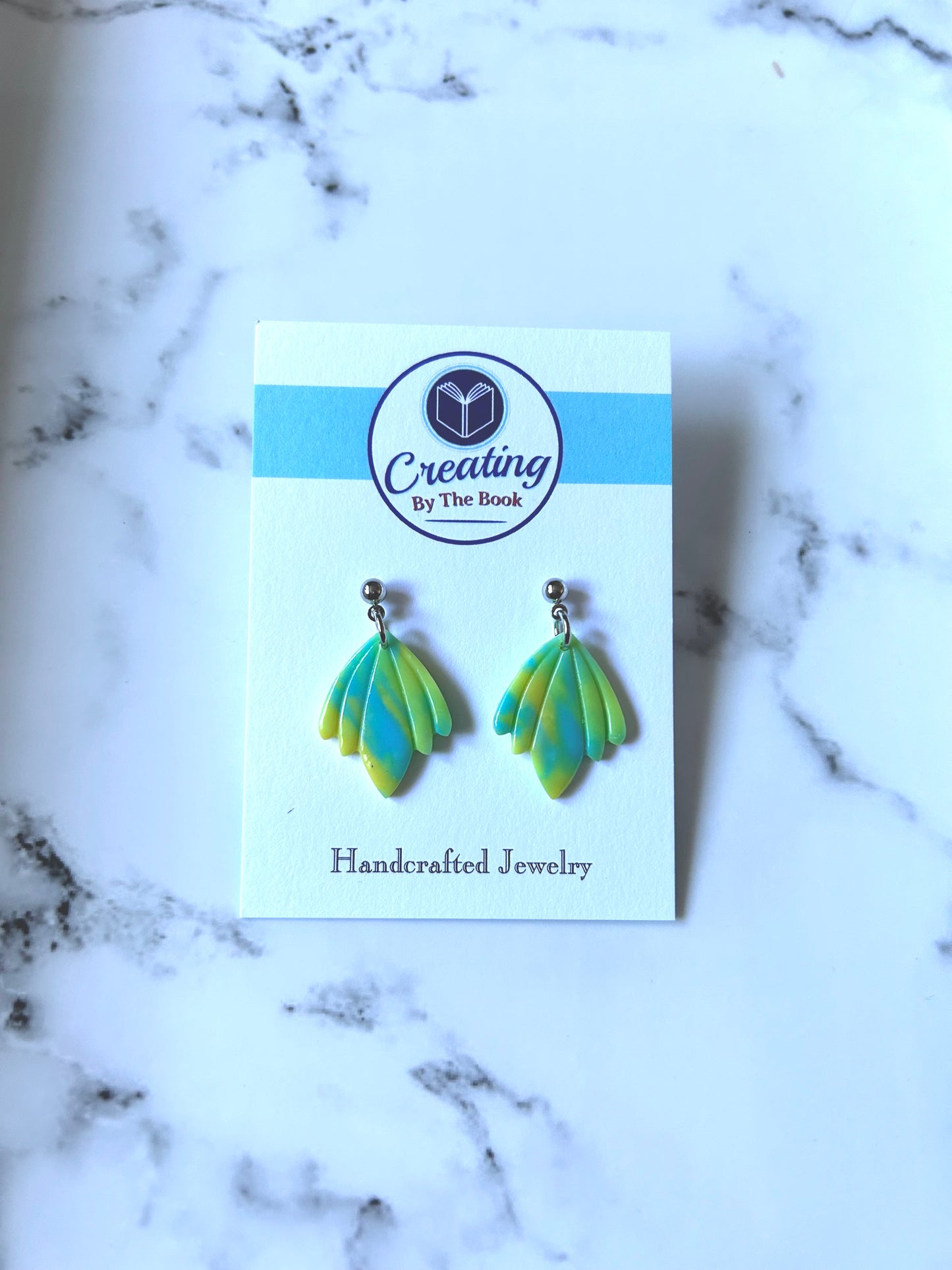 Neon Green and Blue Wide Dangle Earrings