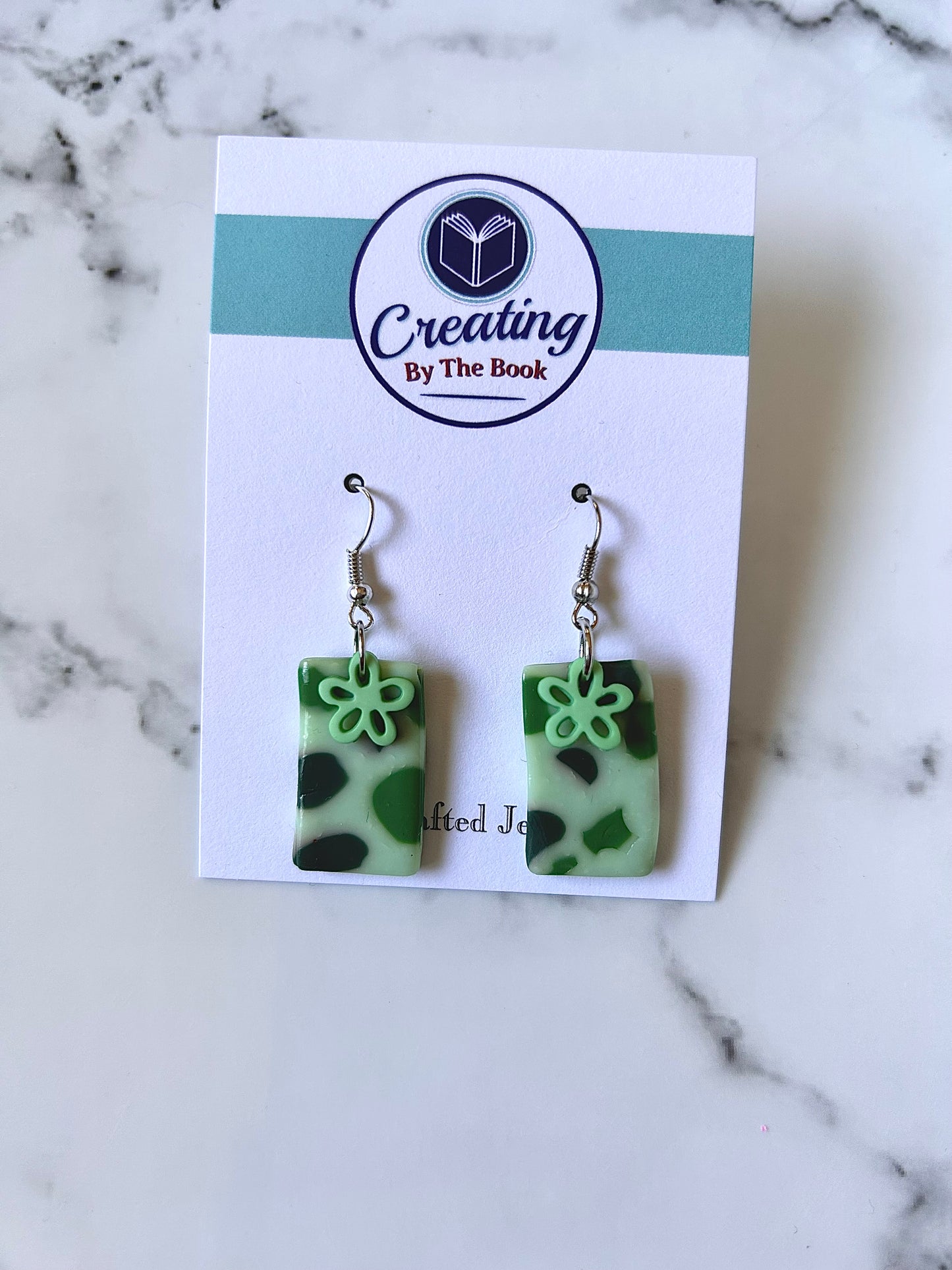 Green Terrazzo Rectangle Dangles with Flower Buttons