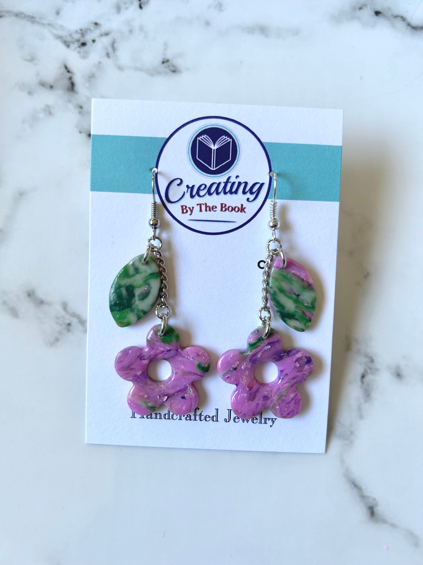 Purple Daisy Chain Dangle Earrings with Leaf