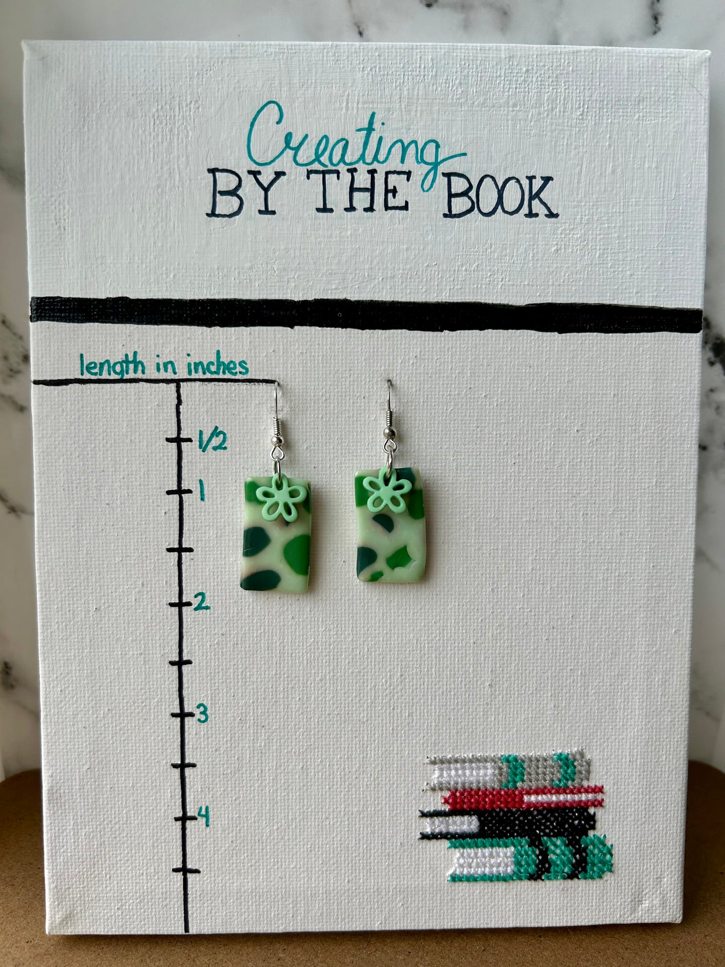 Green Terrazzo Rectangle Dangles with Flower Buttons