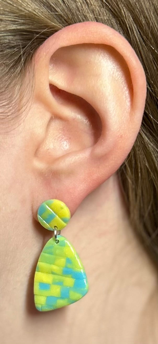 Neon Green and Blue Checkerboard Stud Dangle