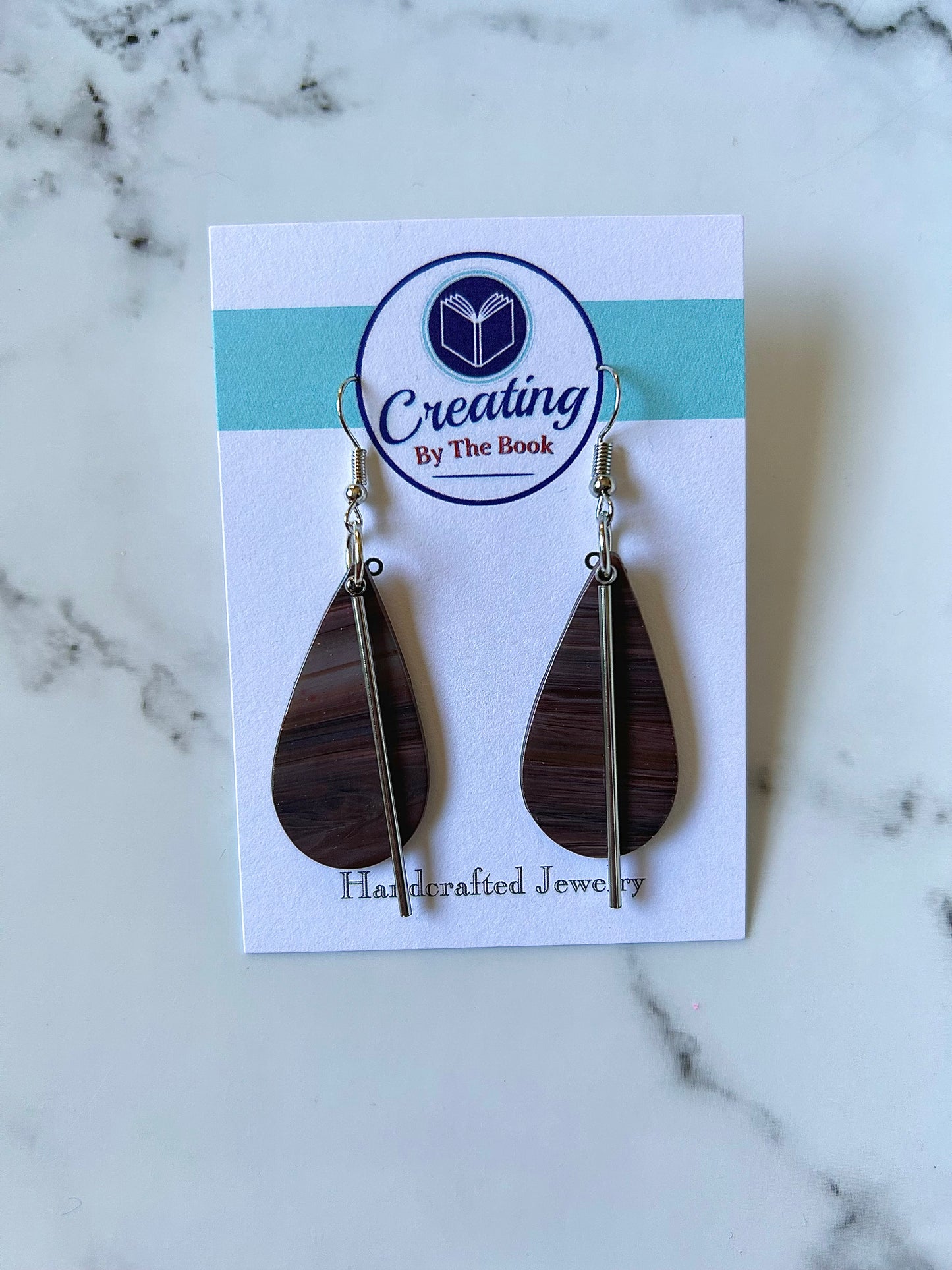 Mauve Stripe Teardrop Earrings with Metal Dangles