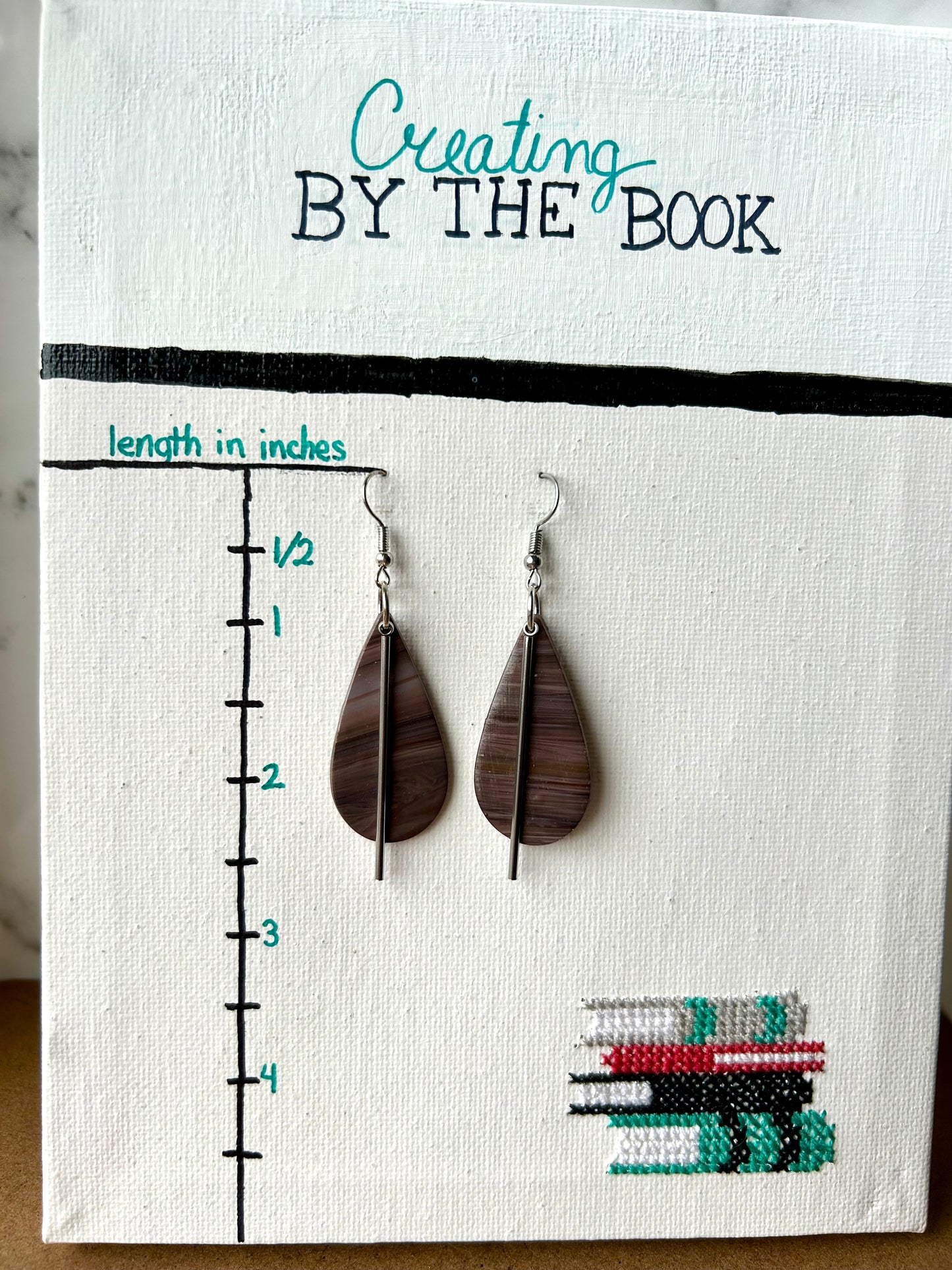 Mauve Stripe Teardrop Earrings with Metal Dangles
