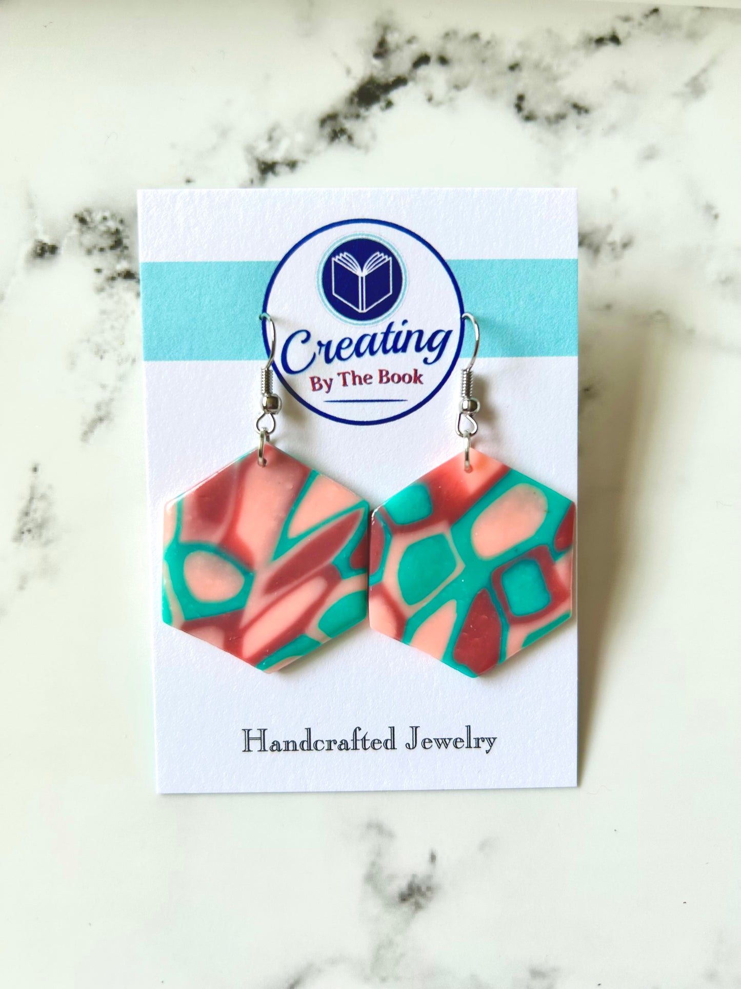 Pink and Aqua Large Hexagon Earrings
