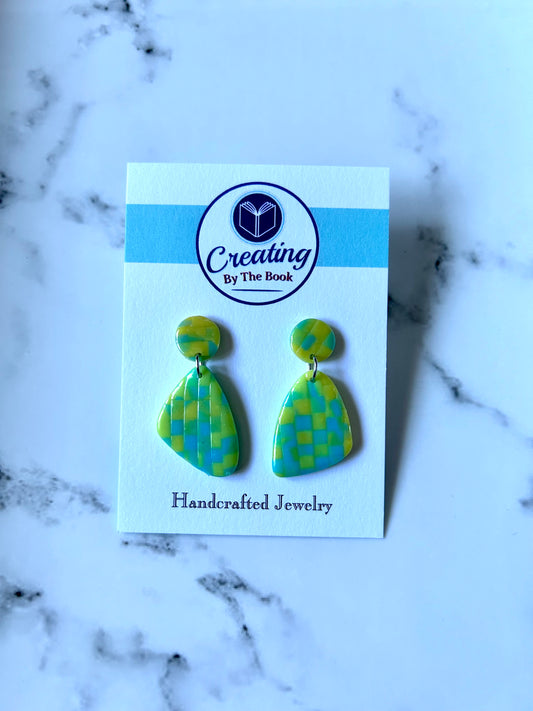 Neon Green and Blue Checkerboard Stud Dangle