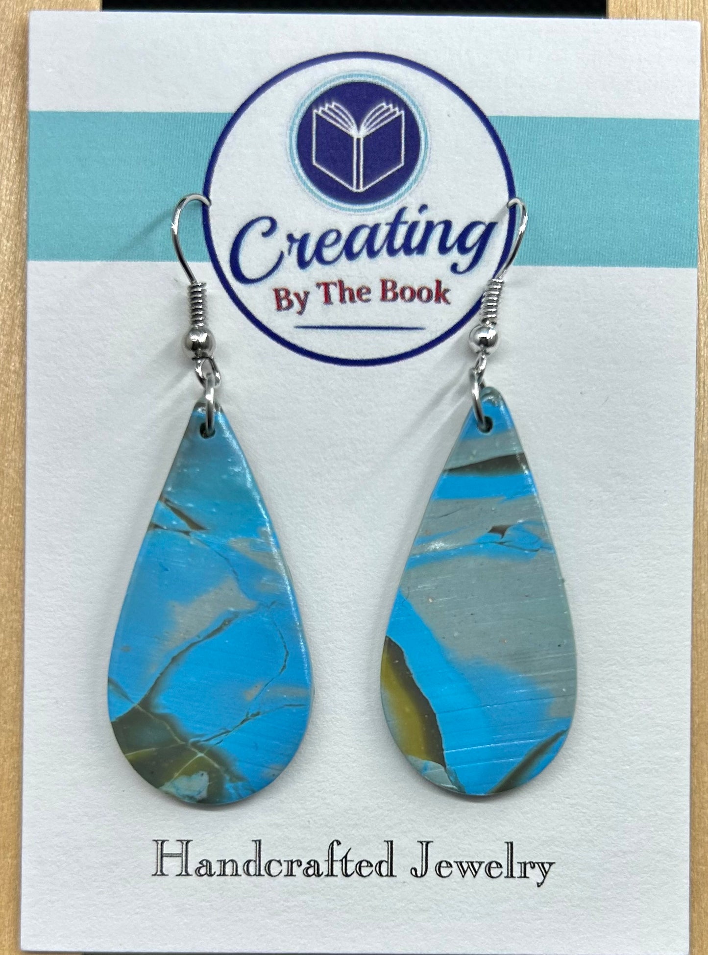 Artisan Upcycled Polymer Clay Teardrops - Blue, Olive, Tan Mokume Gane Dangle Earrings