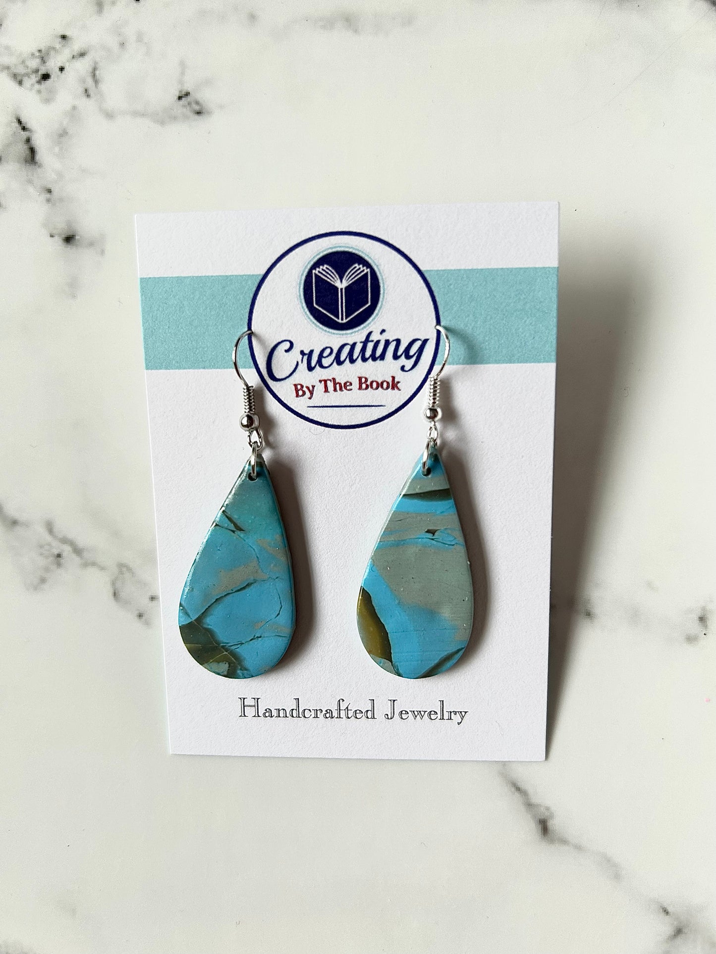 Artisan Upcycled Polymer Clay Teardrops - Blue, Olive, Tan Mokume Gane Dangle Earrings