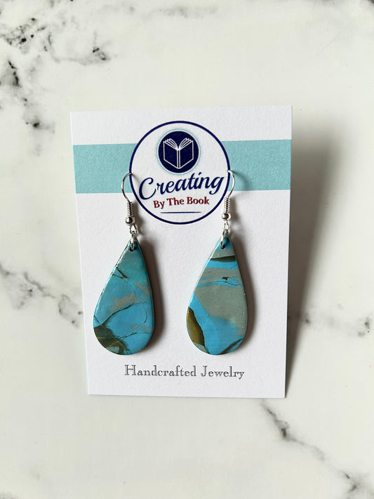 Artisan Upcycled Polymer Clay Teardrops - Blue, Olive, Tan Mokume Gane Dangle Earrings