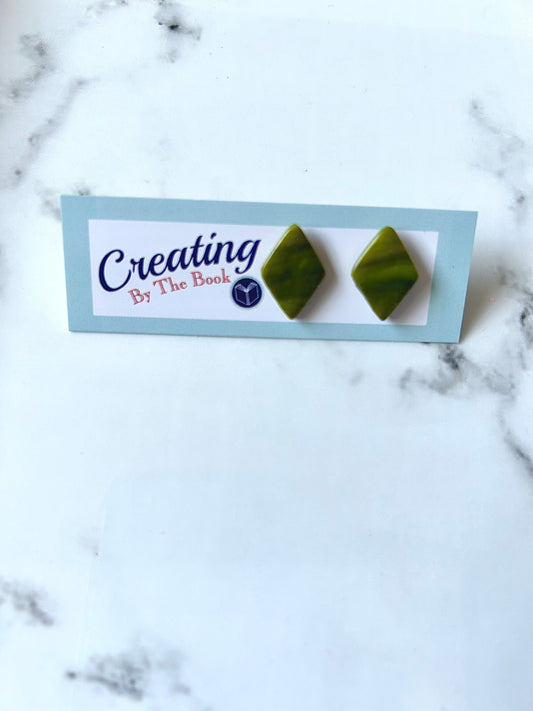 Unique Green Striped Geometric Diamond Polymer Clay Studs - Handmade & Lightweight